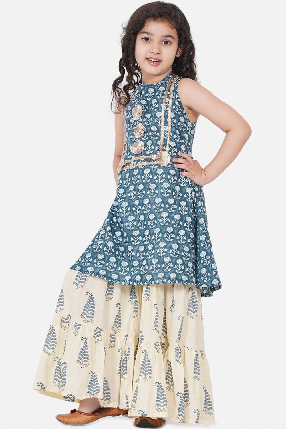 Buy Girl's Blue Floral Printed Pleated Kurta With Skirt Online - Front