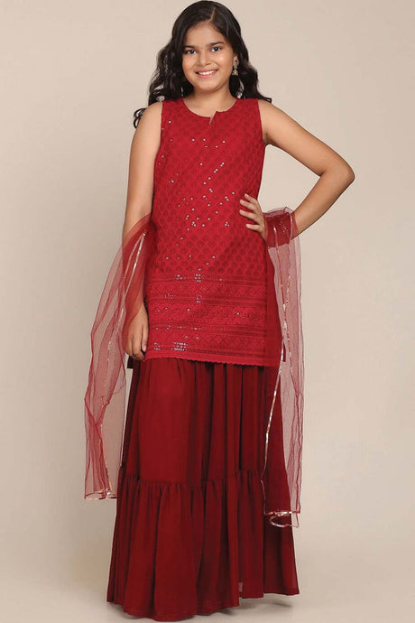 Buy Girl's Maroon Floral Embroidered Sequinned Kurti With Skirt And With Dupatta Online