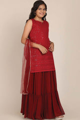 Buy Girl's Maroon Floral Embroidered Sequinned Kurti With Skirt And With Dupatta Online - Front