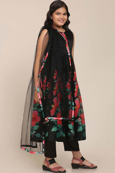 Buy Girl's Black Floral Printed Pleated Kurta With Trousers And With Dupatta Online