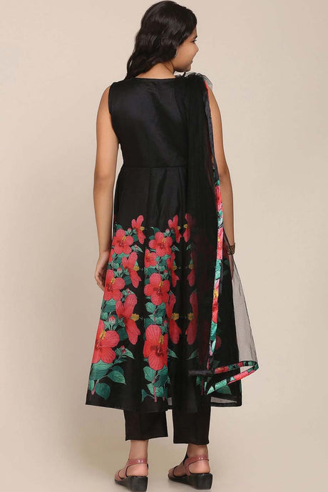 Buy Girl's Black Floral Printed Pleated Kurta With Trousers And With Dupatta Online - Back