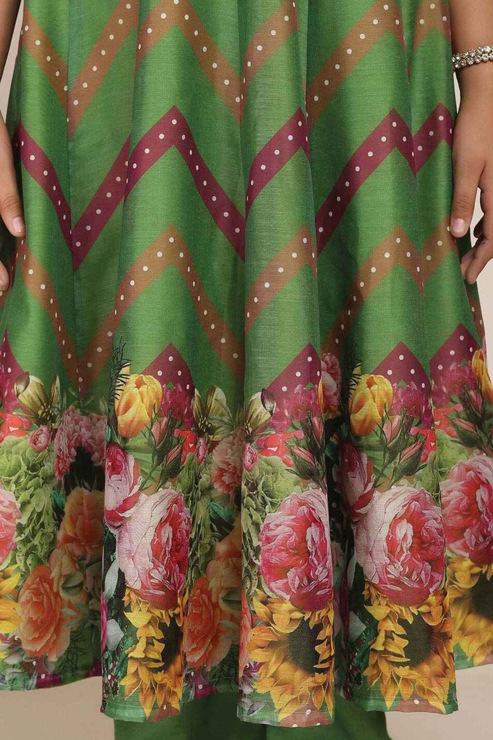 Buy Girl's Green Floral Printed Empire Kurta With Trousers And With Dupatta Online - Zoom In