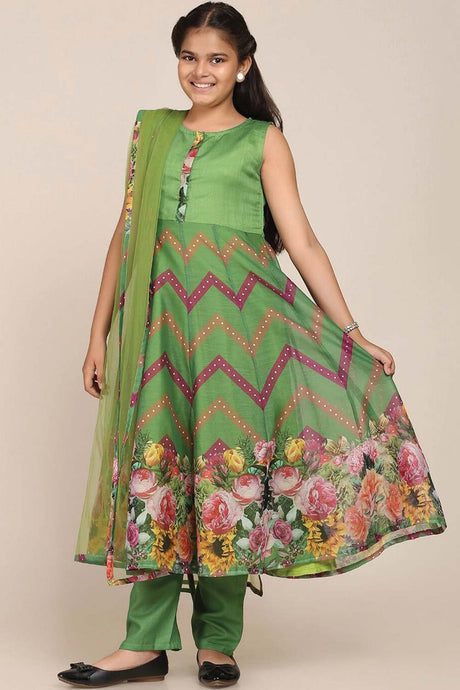 Buy Girl's Green Floral Printed Empire Kurta With Trousers And With Dupatta Online