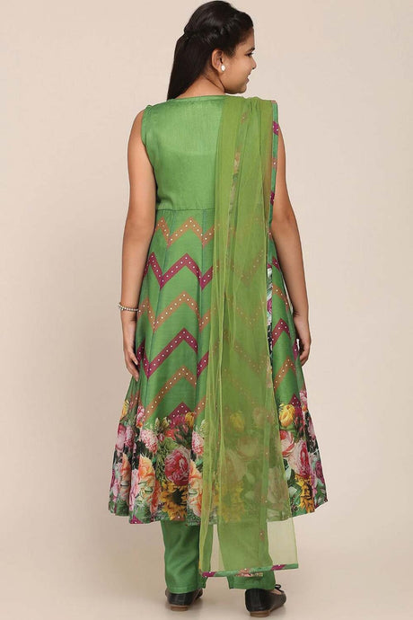 Buy Girl's Green Floral Printed Empire Kurta With Trousers And With Dupatta Online - Back