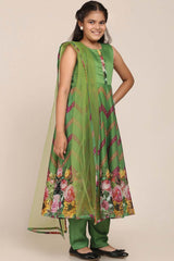 Buy Girl's Green Floral Printed Empire Kurta With Trousers And With Dupatta Online - Front