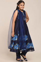 Buy Girl's Navy Blue Floral Printed Panelled Kurta With Trousers And With Dupatta Online