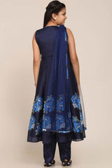 Buy Girl's Navy Blue Floral Printed Panelled Kurta With Trousers And With Dupatta Online - Back