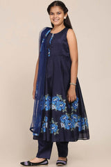 Buy Girl's Navy Blue Floral Printed Panelled Kurta With Trousers And With Dupatta Online - Front
