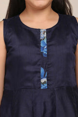 Buy Girl's Navy Blue Floral Printed Panelled Kurta With Trousers And With Dupatta Online - Side