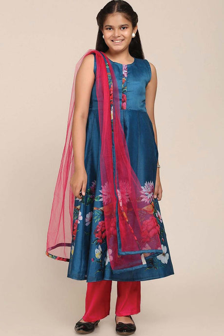 Buy Girl's Blue And Fuchsia Floral Printed Pleated Kurta With Trousers And Dupatta Online