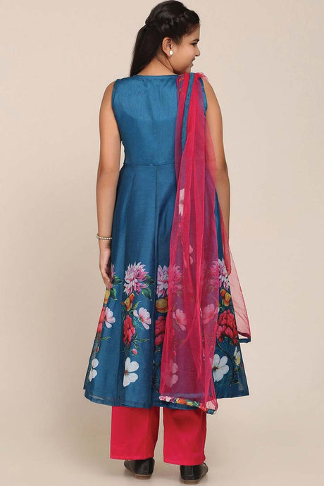 Buy Girl's Blue And Fuchsia Floral Printed Pleated Kurta With Trousers And Dupatta Online - Back
