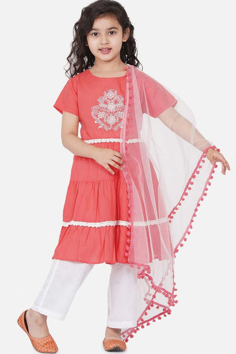 Buy Girl's Peach-Coloured Embroidered Kurta With Dhoti Pants And With Dupatta Online