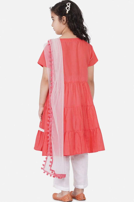 Buy Girl's Peach-Coloured Embroidered Kurta With Dhoti Pants And With Dupatta Online - Back