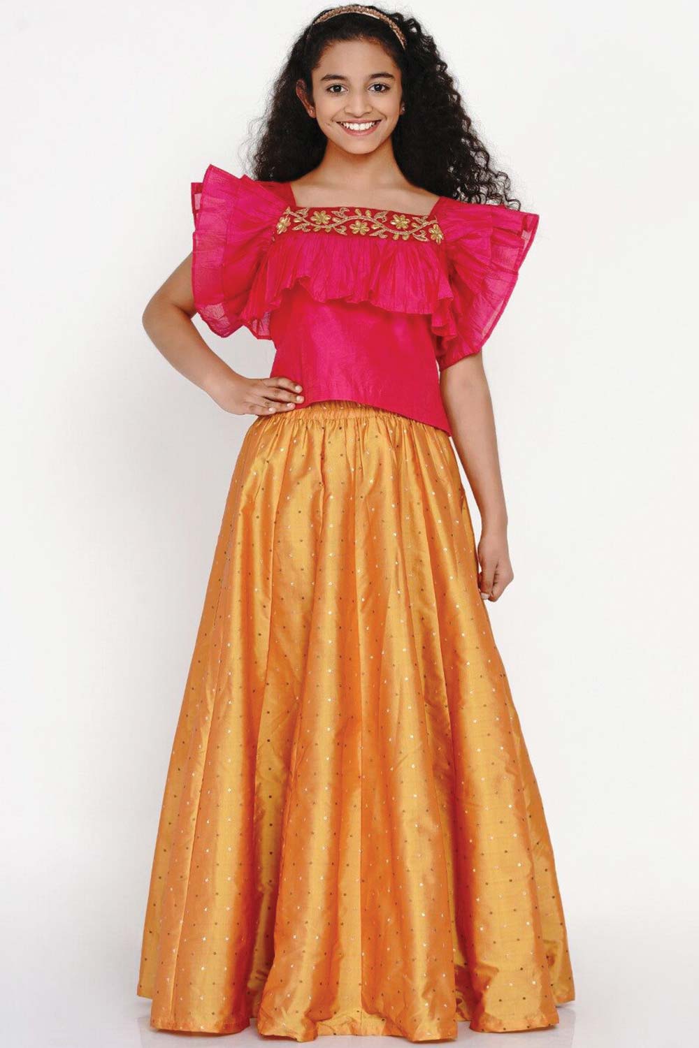 Buy Girl's Pink And Orange Thread Work Lehenga And Blouse Online
