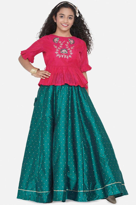 Buy Girl's Pink And Green Embroidered Lehenga Choli Online