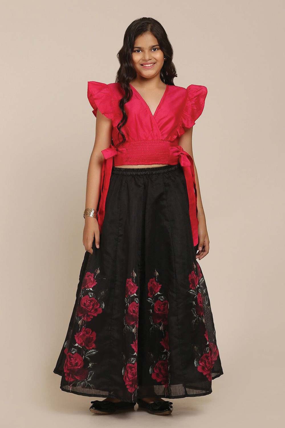 Buy Girl's Pink And Black Floral Printed Lehenga Online