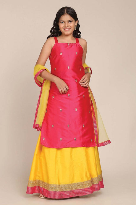 Buy Girl's Teal And Pink Embroidered Lehenga And Blouse With Dupatta Online