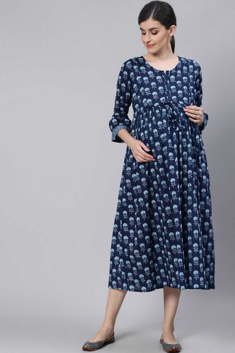 Buy Blue Cotton Floral Printed Maternity Dress Online