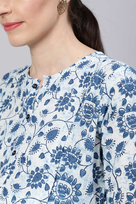 Buy Off White & Blue Cotton Floral Printed Maternity Dress Online - Back