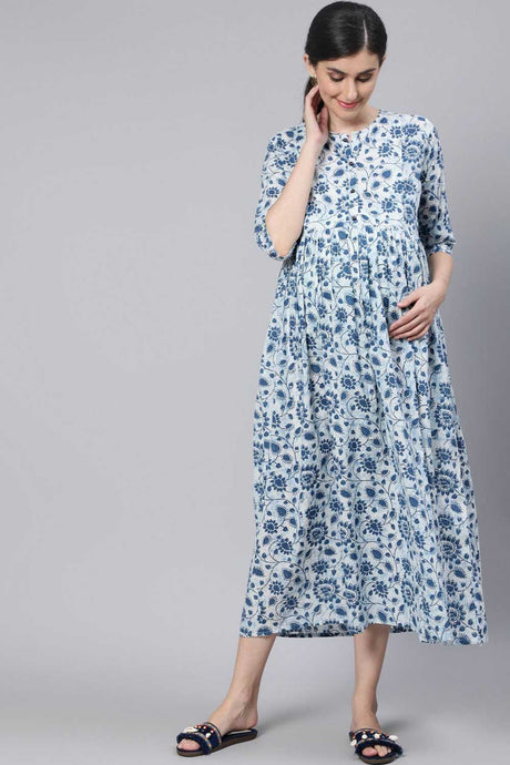 Buy Off White & Blue Cotton Floral Printed Maternity Dress Online
