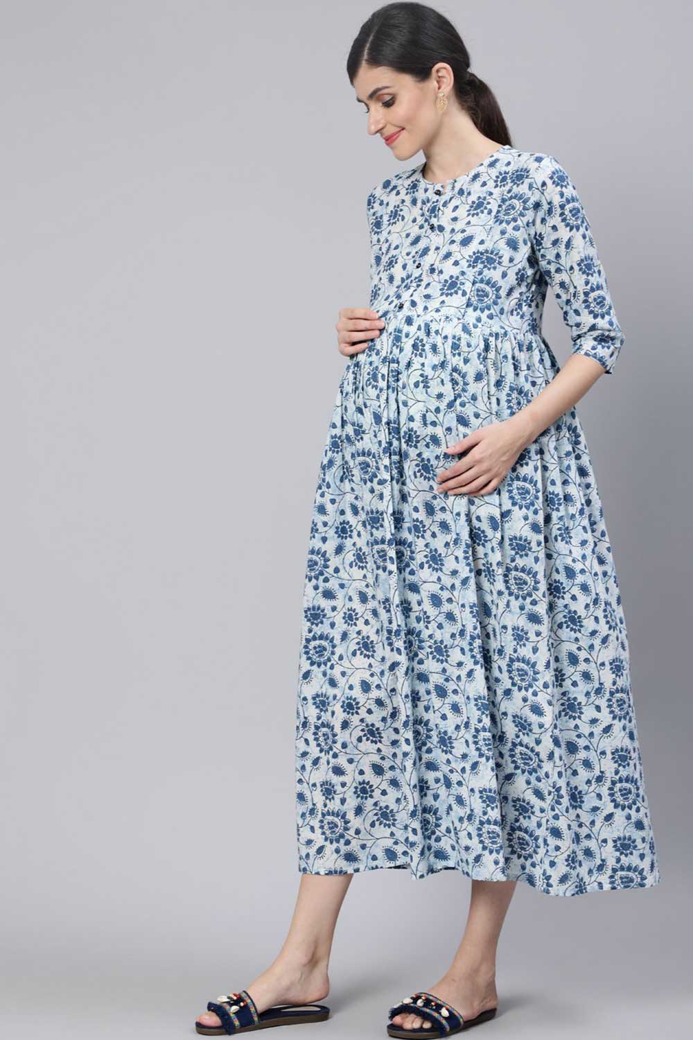 Buy Off White & Blue Cotton Floral Printed Maternity Dress Online - Front