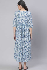 Buy Off White & Blue Cotton Floral Printed Maternity Dress Online - Side