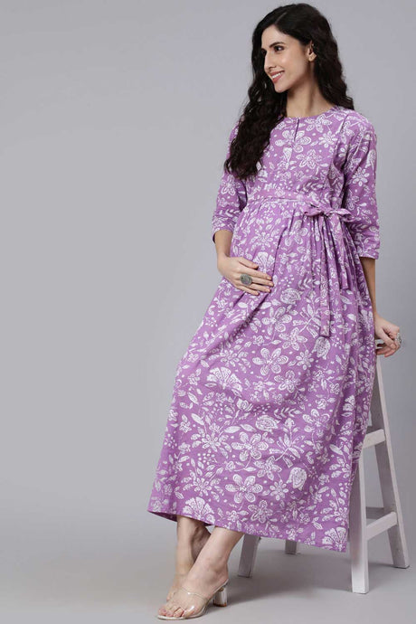 Buy Levender Cotton Floral Printed Flared Maternity Dress Online