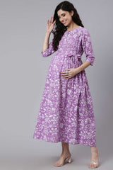Buy Levender Cotton Floral Printed Flared Maternity Dress Online - Front