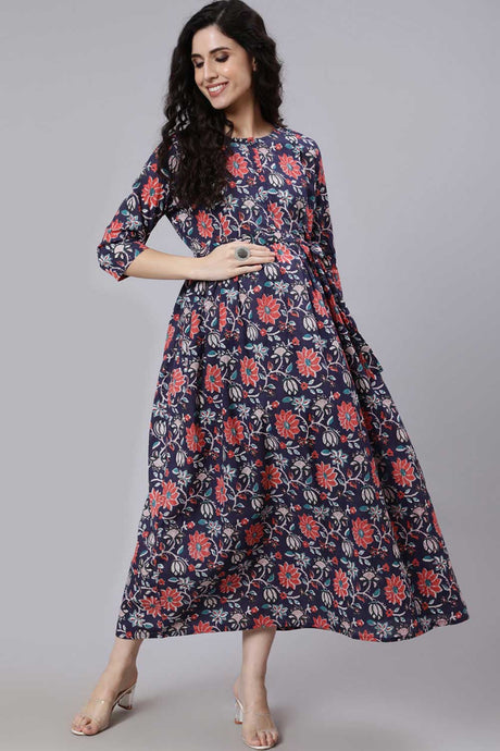 Buy Blue Cotton Floral Printed Flared Maternity Dress Online - Back