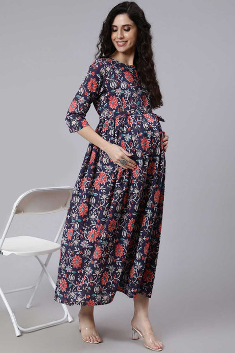 Buy Blue Cotton Floral Printed Flared Maternity Dress Online
