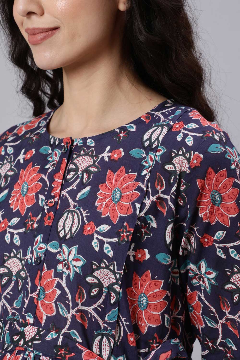 Buy Blue Cotton Floral Printed Flared Maternity Dress Online - Front