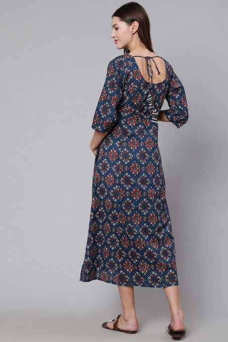 Buy Navy Blue Cotton Floral Printed Flared Maternity Dress Online - Back