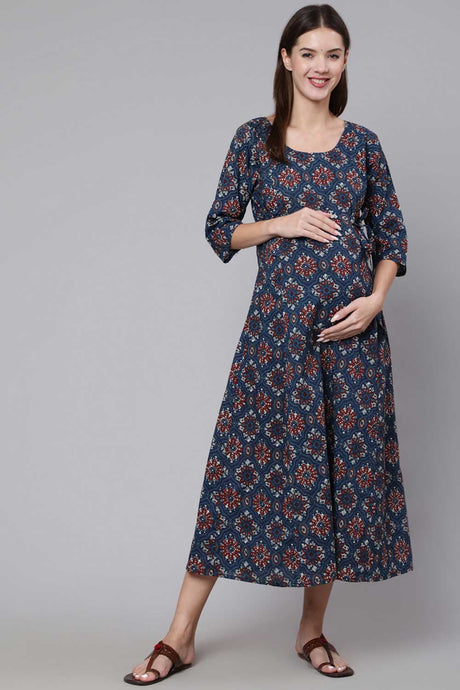 Buy Navy Blue Cotton Floral Printed Flared Maternity Dress Online