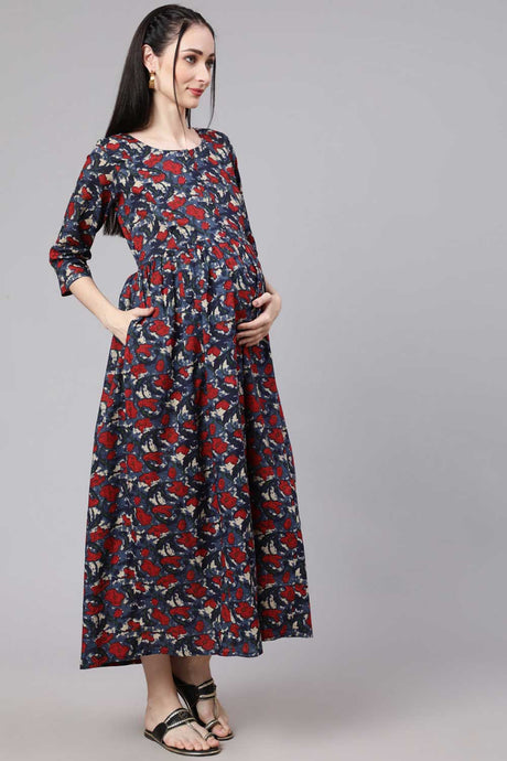 Buy Multi Cotton Ethnic Printed Flared Maternity Dress Online - Side