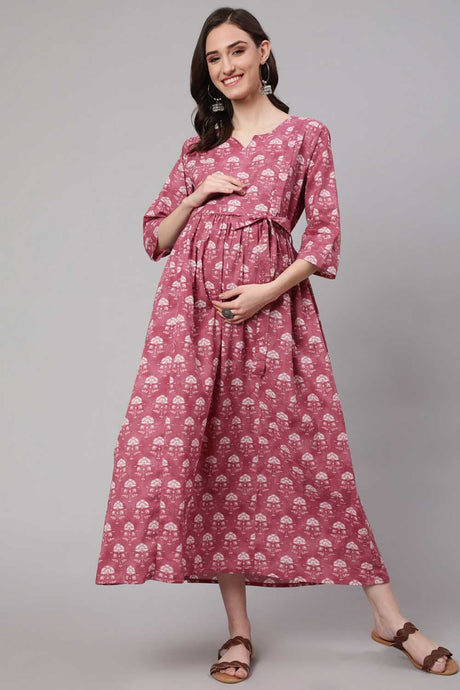 Buy Pink Cotton Floral Printed Flared Maternity Dress Online