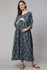 Buy Blue Cotton Floral Printed Flared Maternity Dress Online