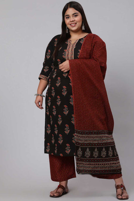 Buy Plus Size Black Printed Straight Palazzo Suit Set Online