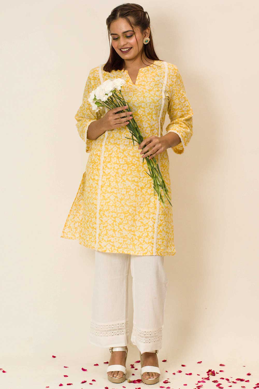 Nargis Hand block Print Kurti Top In Yellow