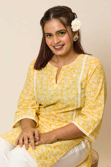 Nargis Handblock Print Kurti Top In Yellow