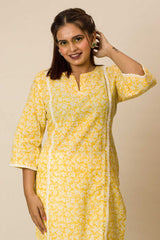 Nargis Hand block Print Kurti Top In Yellow