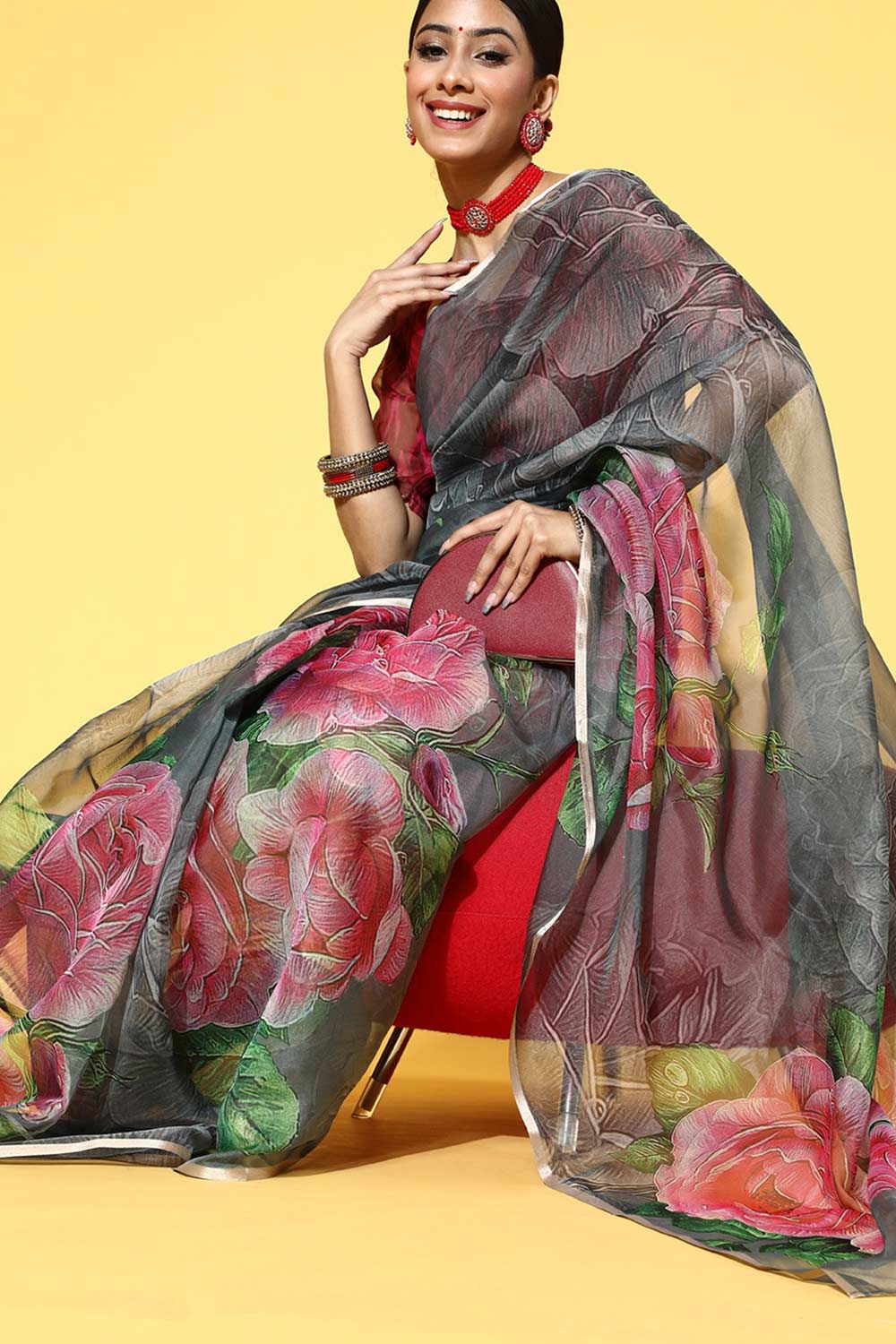 Grey Organza Floral Print Saree