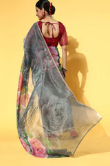 Grey Organza Floral Print Saree