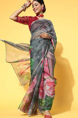 Grey Organza Floral Print Saree