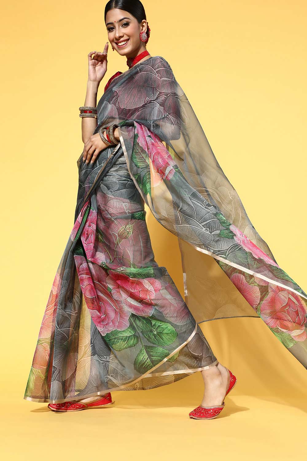 Grey Organza Floral Print Saree