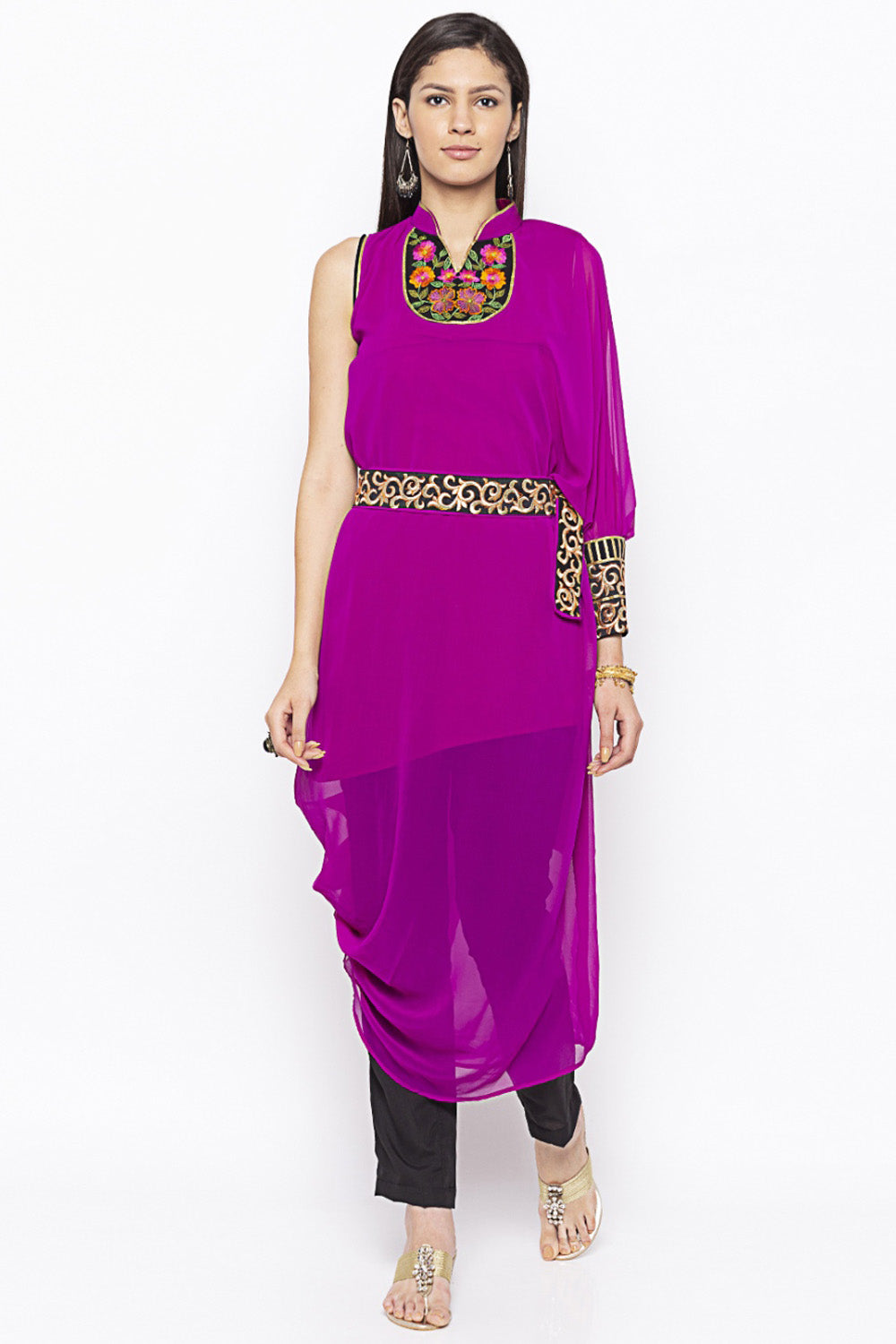 Georgette Asymmetric Kurta Top In Magenta