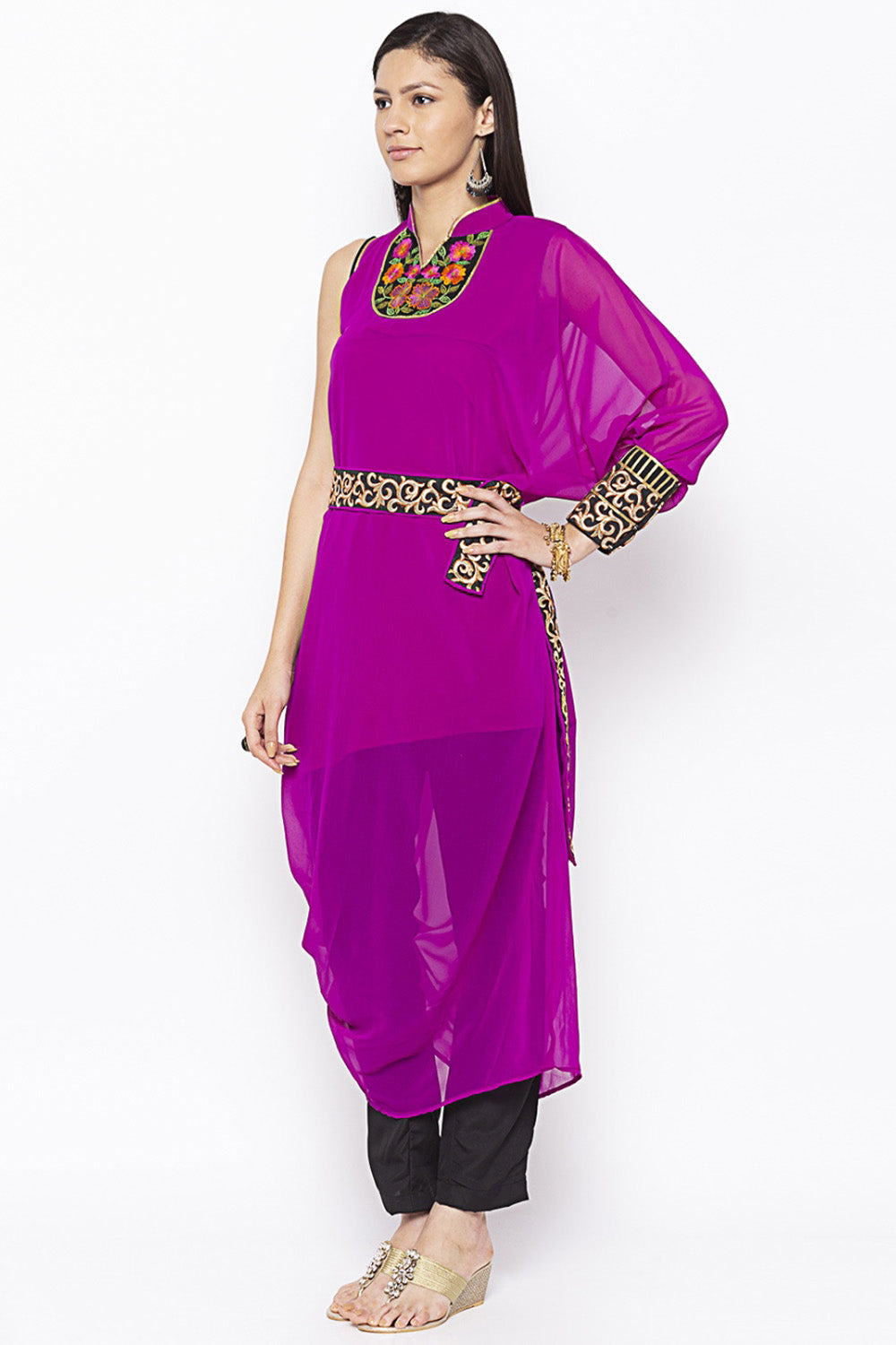 Georgette Asymmetric Kurta Top In Magenta