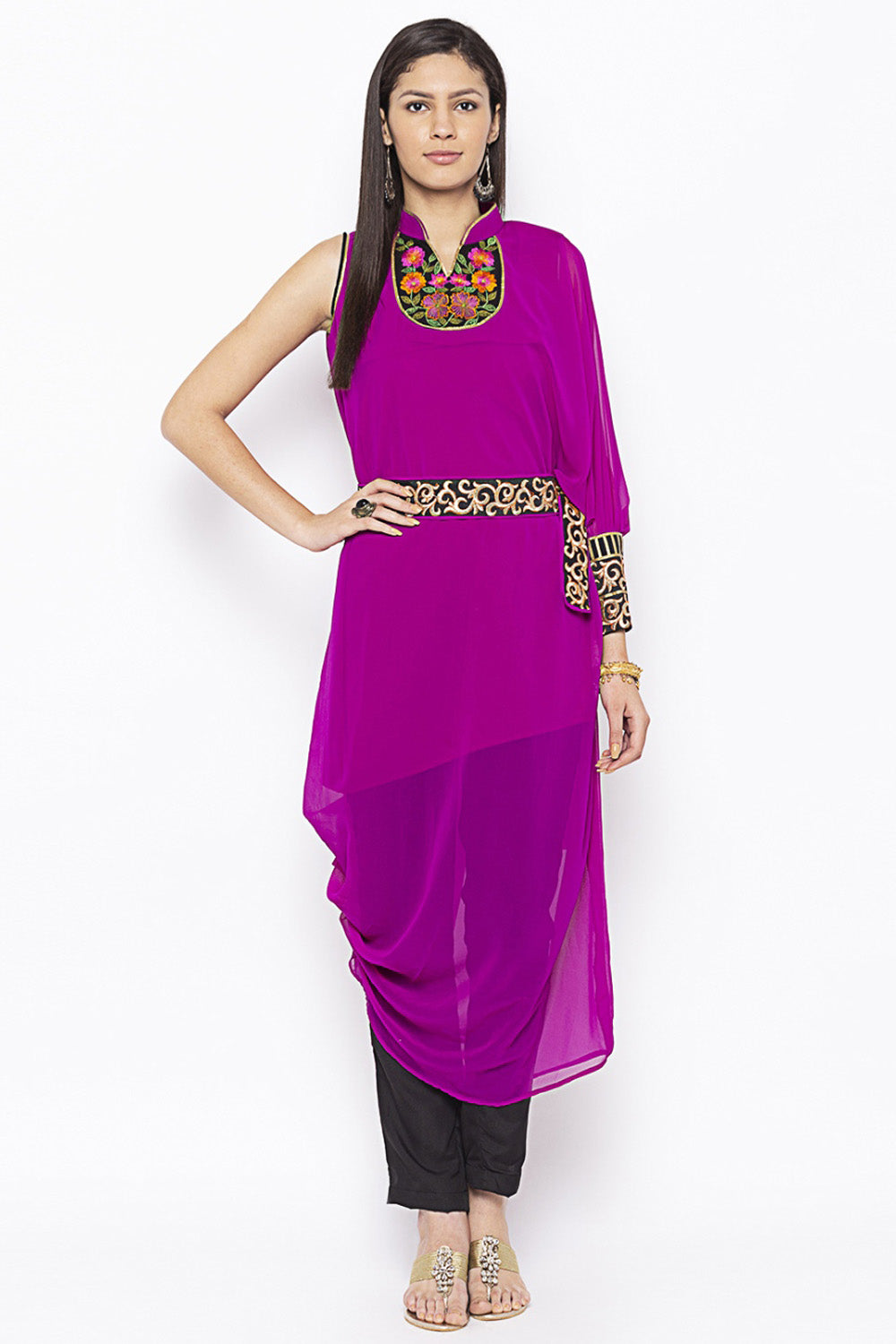 Georgette Asymmetric Kurta Top In Magenta