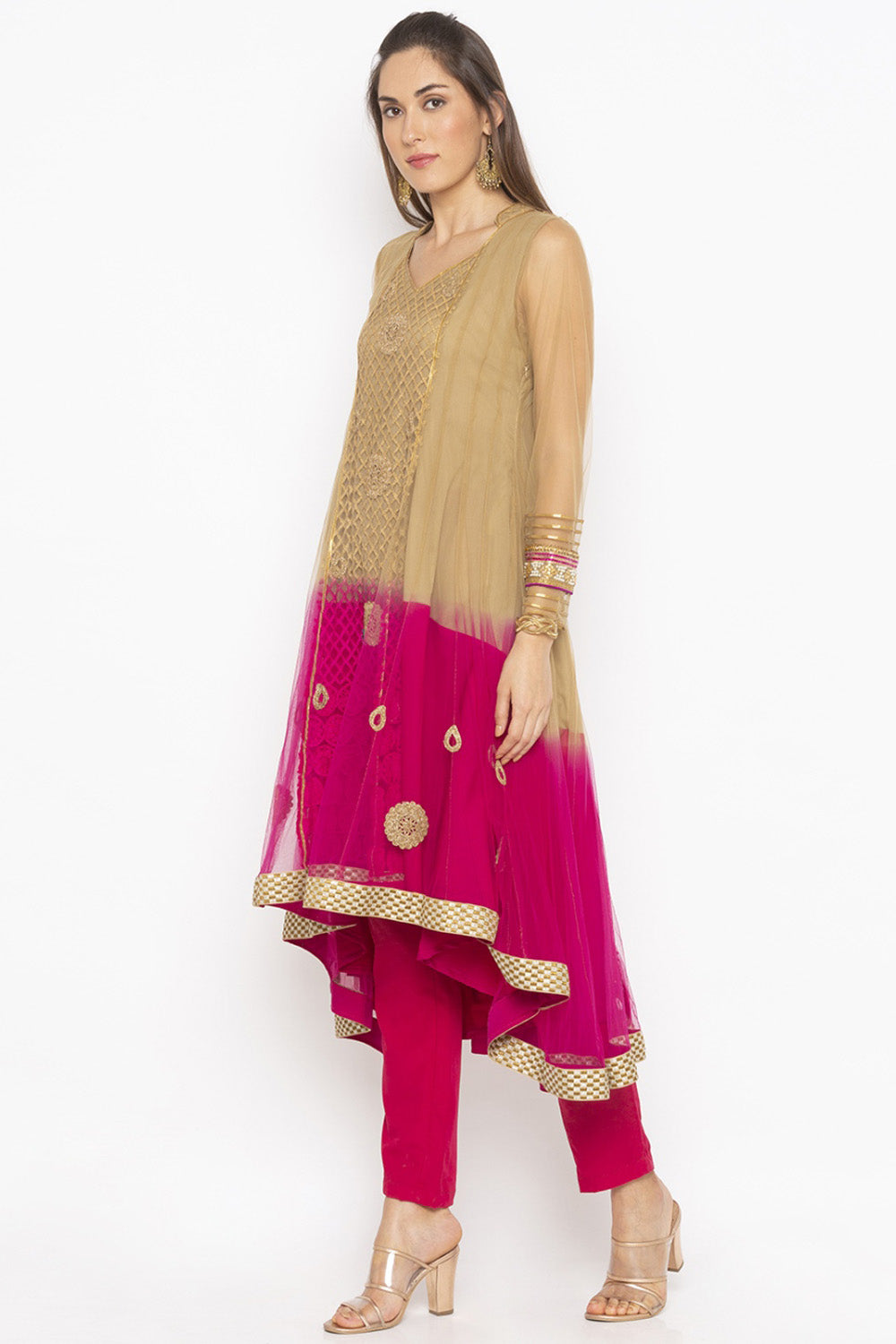 Net Asymmetric Kurta Top In Gold