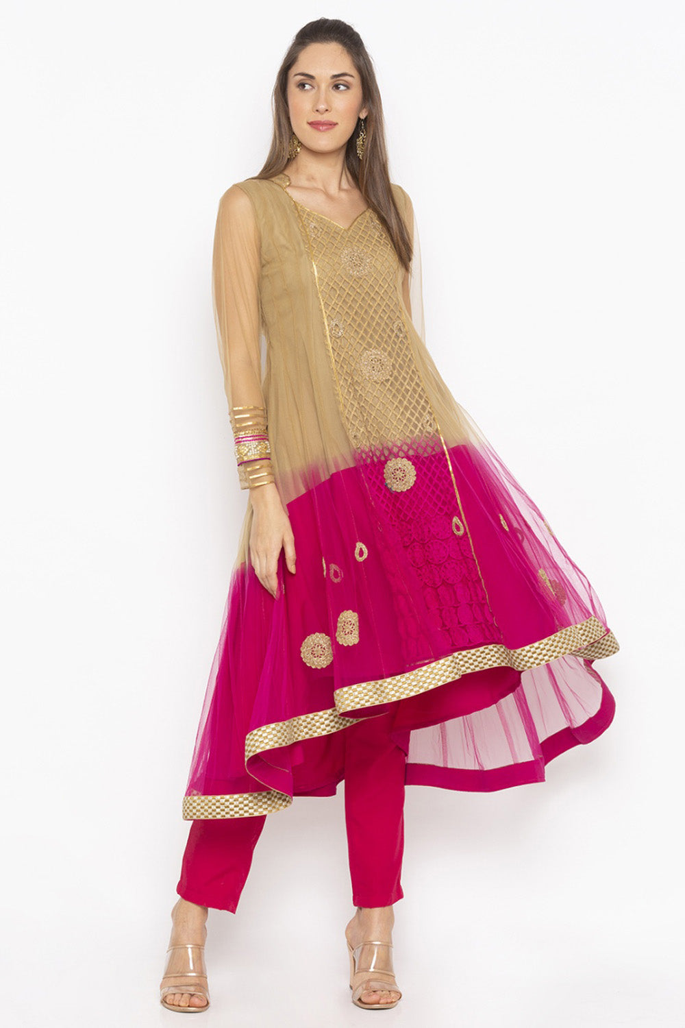 Net Asymmetric Kurti Top In Gold