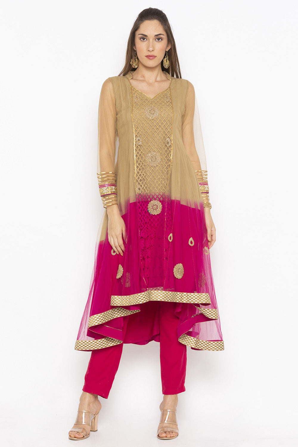 Net Asymmetric Kurti Top In Gold